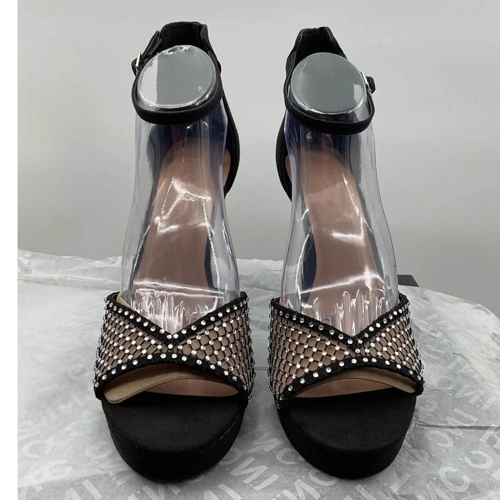 INC International Concepts Women Black Rhinestone Mesh Platform Block Heels